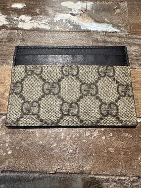 Gucci Supreme Monogram Canvas Card Holder with Black Leather Trim